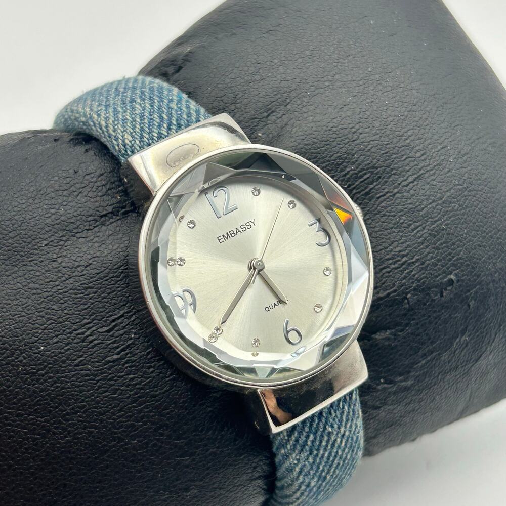 Vintage Embassy Women’s Quartz Watch Faceted Crystal Bezel Blue Denim Strap - Picture 3 of 8